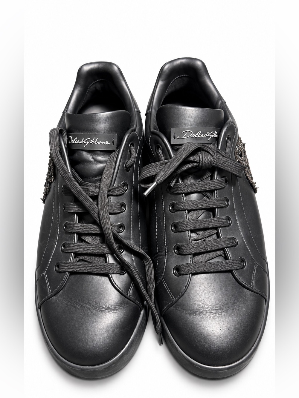 Dolce & Gabbana Portofino CS1761 AH164 Black Leather Crown Patch Sneakers Size 9